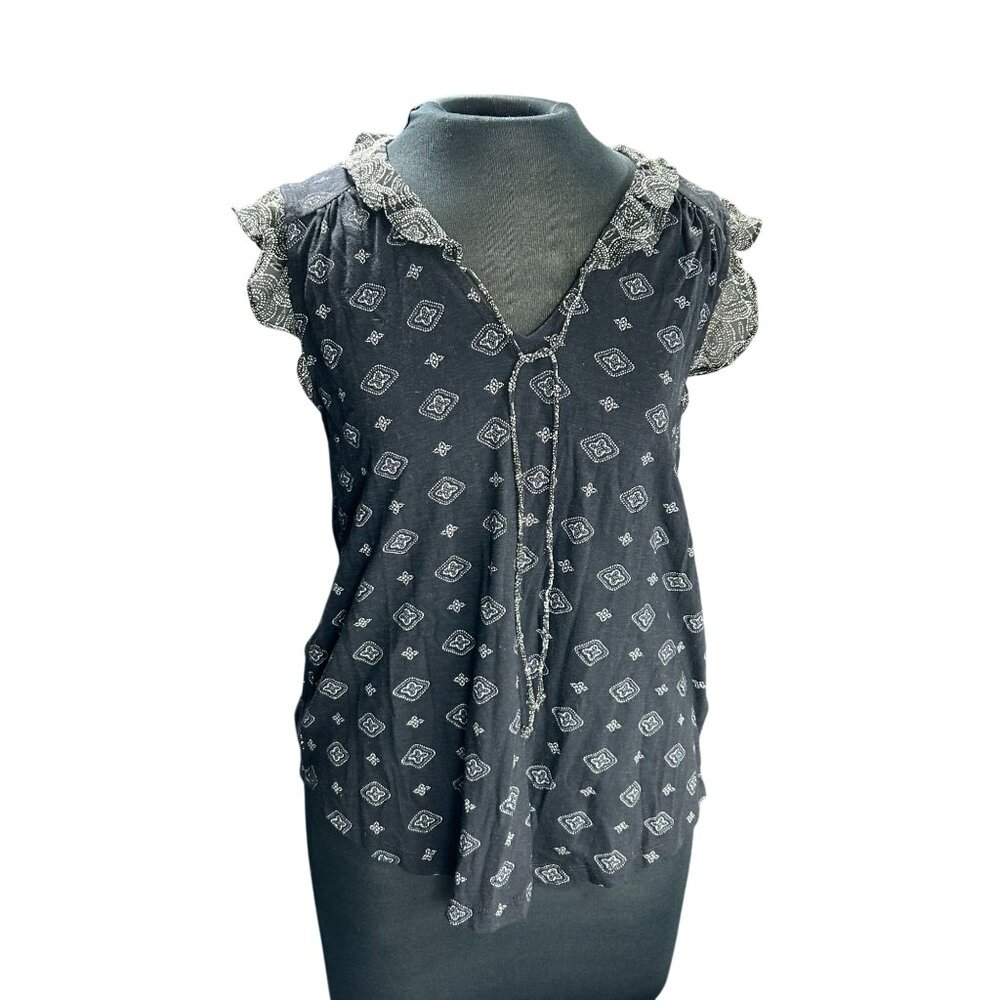 Lucky Brand Womens Black Sleeveless Top With Ruffle Trim & Tie Neck
